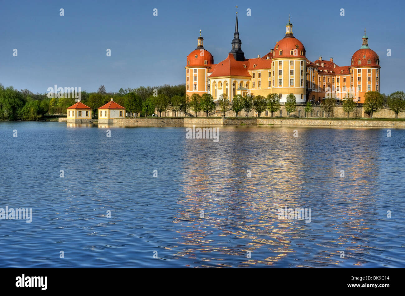 Baroque Moritzburg Castle, with Bachturm tower, castle chapel, Jaegerturm tower, Amtsturm tower, Dresden, Free State of Saxony, Stock Photo