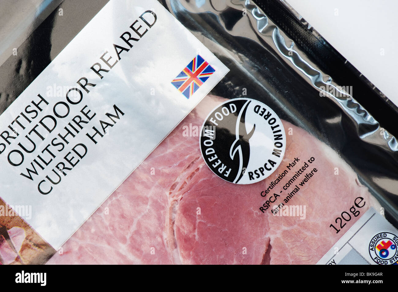 British meat packaging label. 'Freedom food' 'RSPCA monitored' Stock Photo