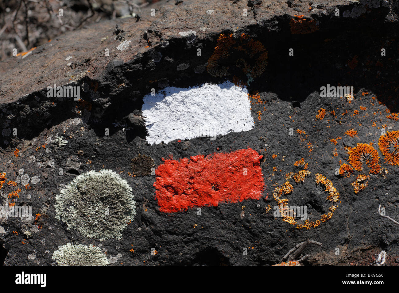 Red-white hiking trail marks and lichens on volcano rocks, La Palma, Canary Islands, Spain, Europe Stock Photo