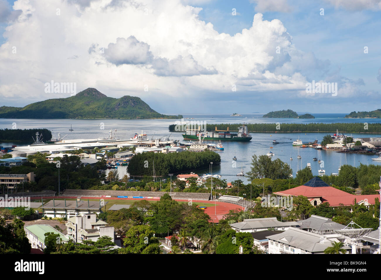 View from Bel Air towards the capital city of Victoria and the international harbour, at back the islands St. Anne, Ile au Cerf Stock Photo