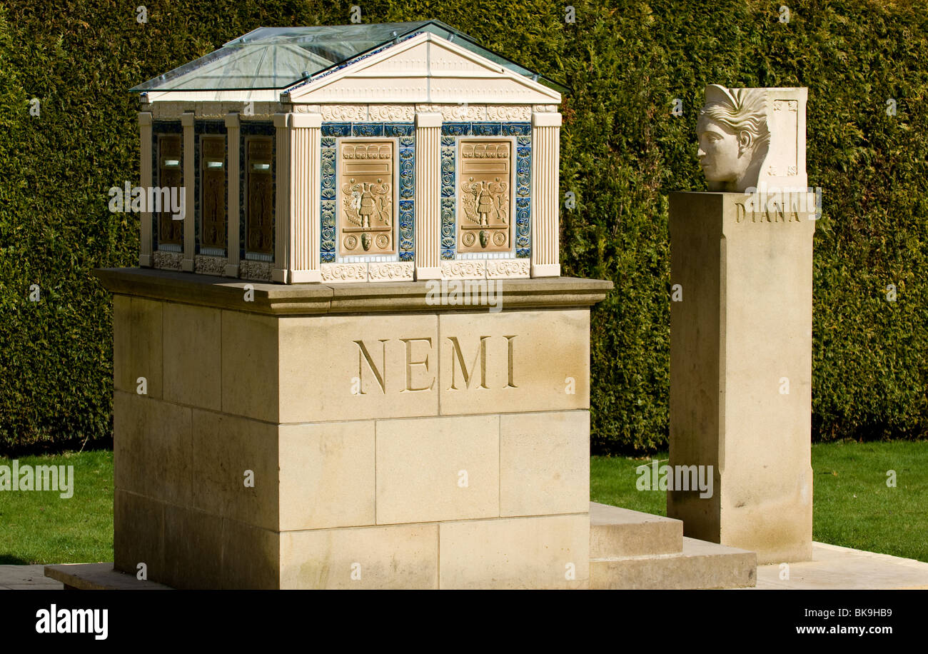 A miniature stone and ceramic representation of the Shrine of Nemi found in the grounds of Rufford park, Nottinghamshire, uk. Stock Photo