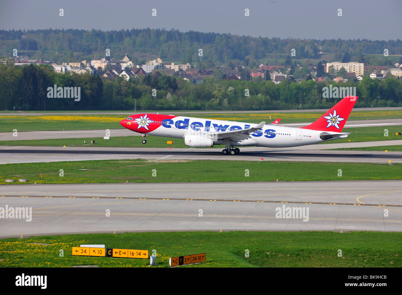 Airplane take-off from Zurich Airport, Switzerland, Europe Stock Photo