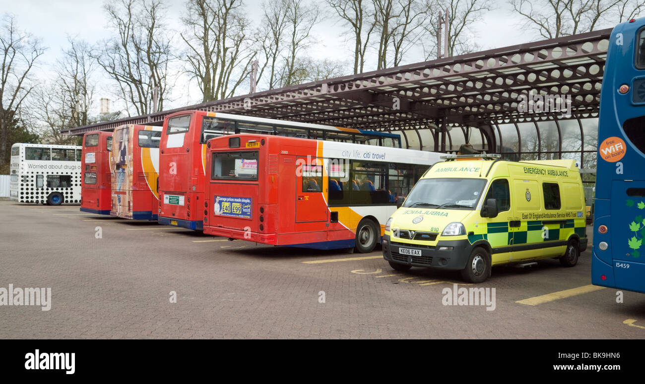 An ambulance at a call at Cambridge Bus station, Cambridge UK Stock Photo