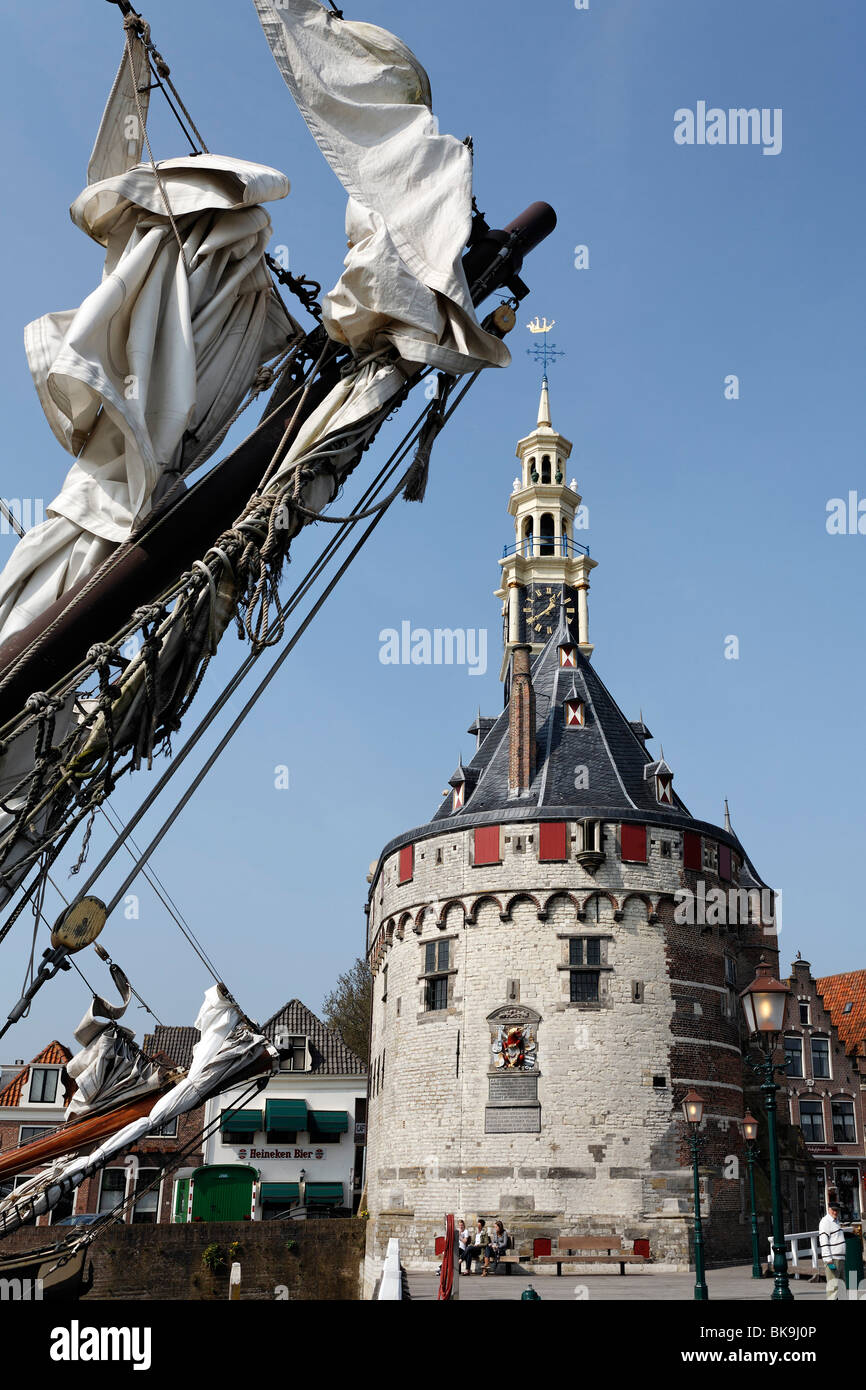 Historic fortified tower Hoofdtoren, harbour of Hoorn, IJsselmeer, North Holland, Holland, Netherlands, Europe Stock Photo