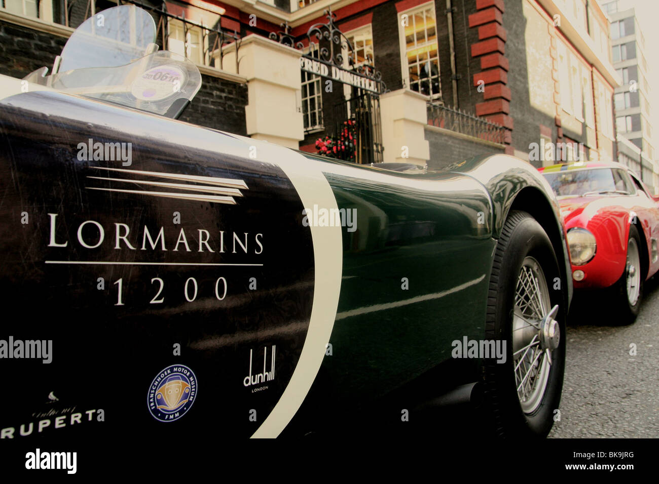 Jaguar C type outside London's Alfred Dunhill club in Mayfair to launch the South African L'Omarins Rally Stock Photo