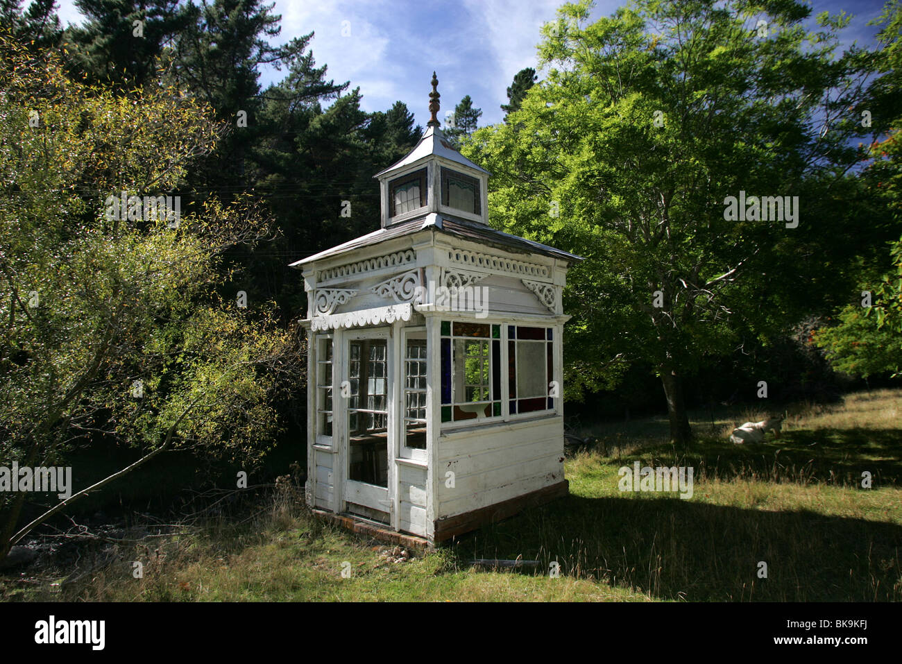 The folly at Teal Valley Cottage, Hira, Nelson, reputed to be the oldest inhabited in South Island New Zealand, dated 1848 Stock Photo