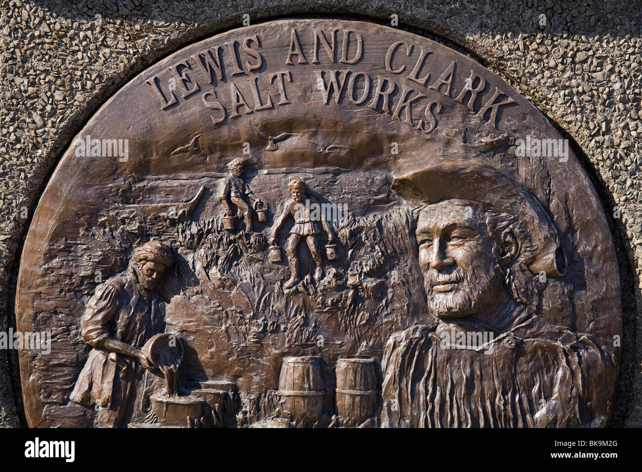 Close-up of Lewis & Clark Salt Works plaque, Seaside, Oregon, USA Stock Photo