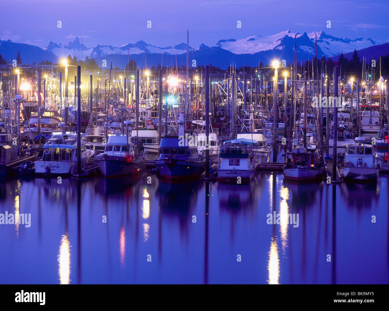 Alaska Mitkof Island Petersburg Harbor fishing boats in marina dusk
