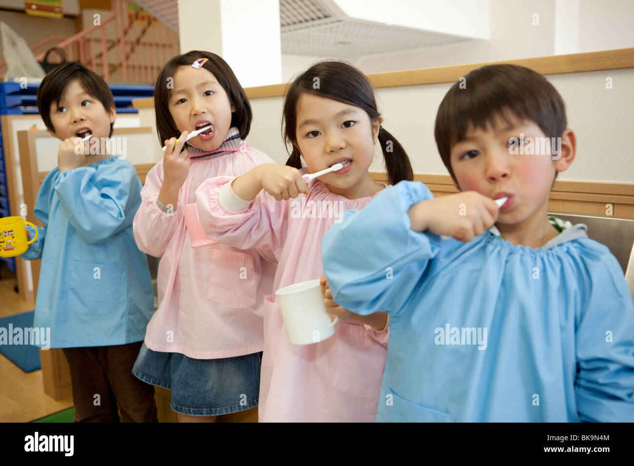Kindergarten Children Brushing Teeth Stock Photo Alamy