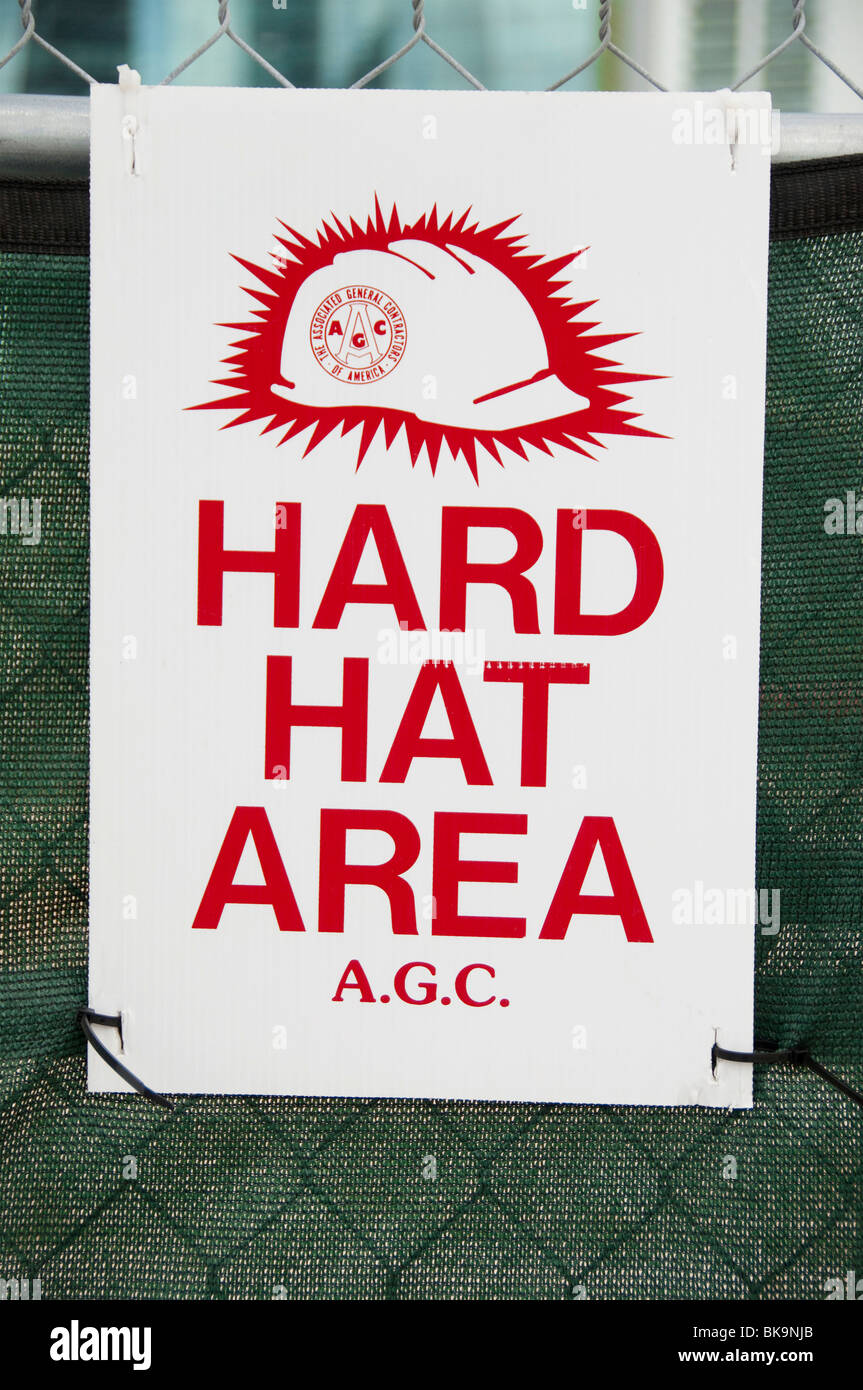 Warning sign, Hard Hat Area at construction site in Miami, Florida, USA Stock Photo