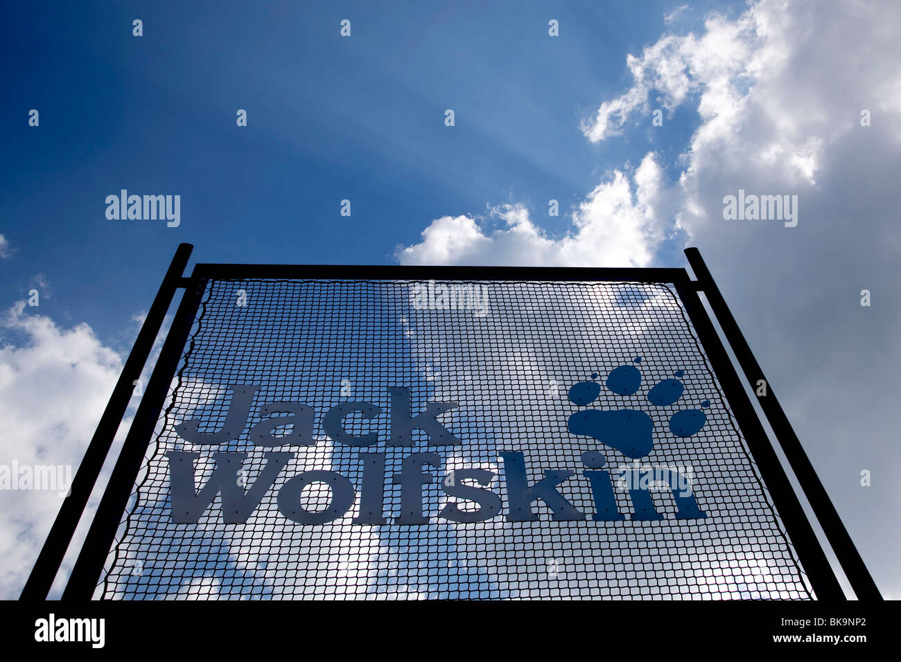 Logo on the headquarters of the Jack Wolfskin GmbH company in Idstein in the Taunus, Hesse, Germany, Europe Stock Photo