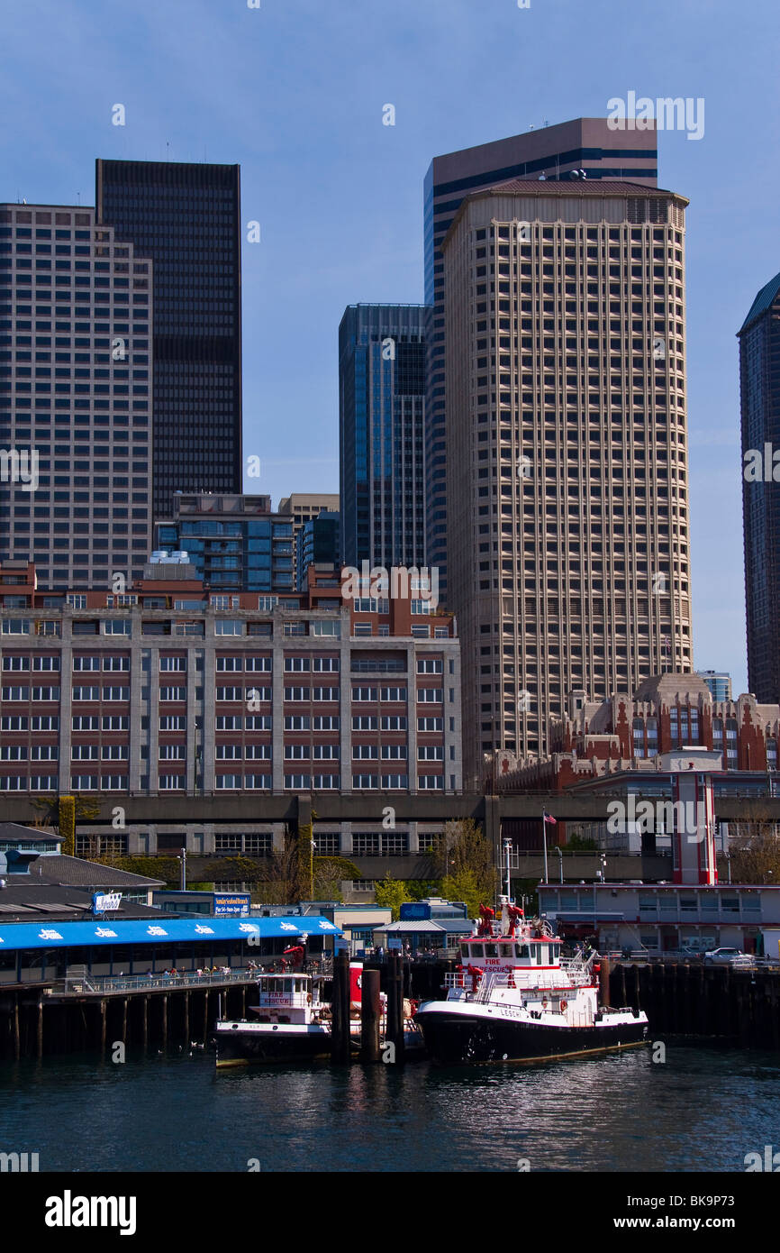 Alki and Leschi fire boats moored on waterfront, Seattle, Washington