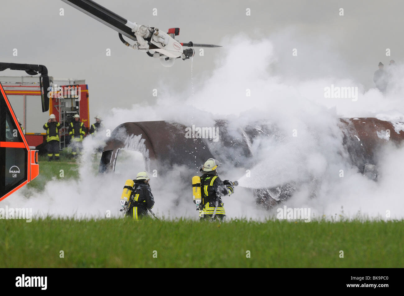 Exercise of the airport fire brigade at the airport of Stuttgart, Baden-Wuerttemberg, Germany, Europe Stock Photo