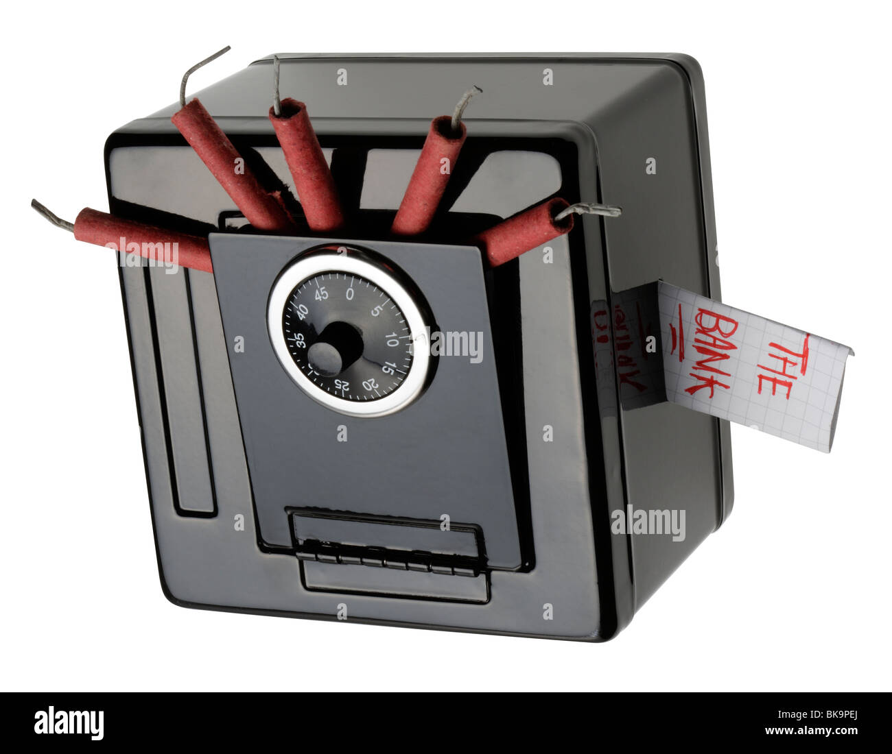 Toy safe (The Bank) with bangers (Dynamite) Stock Photo