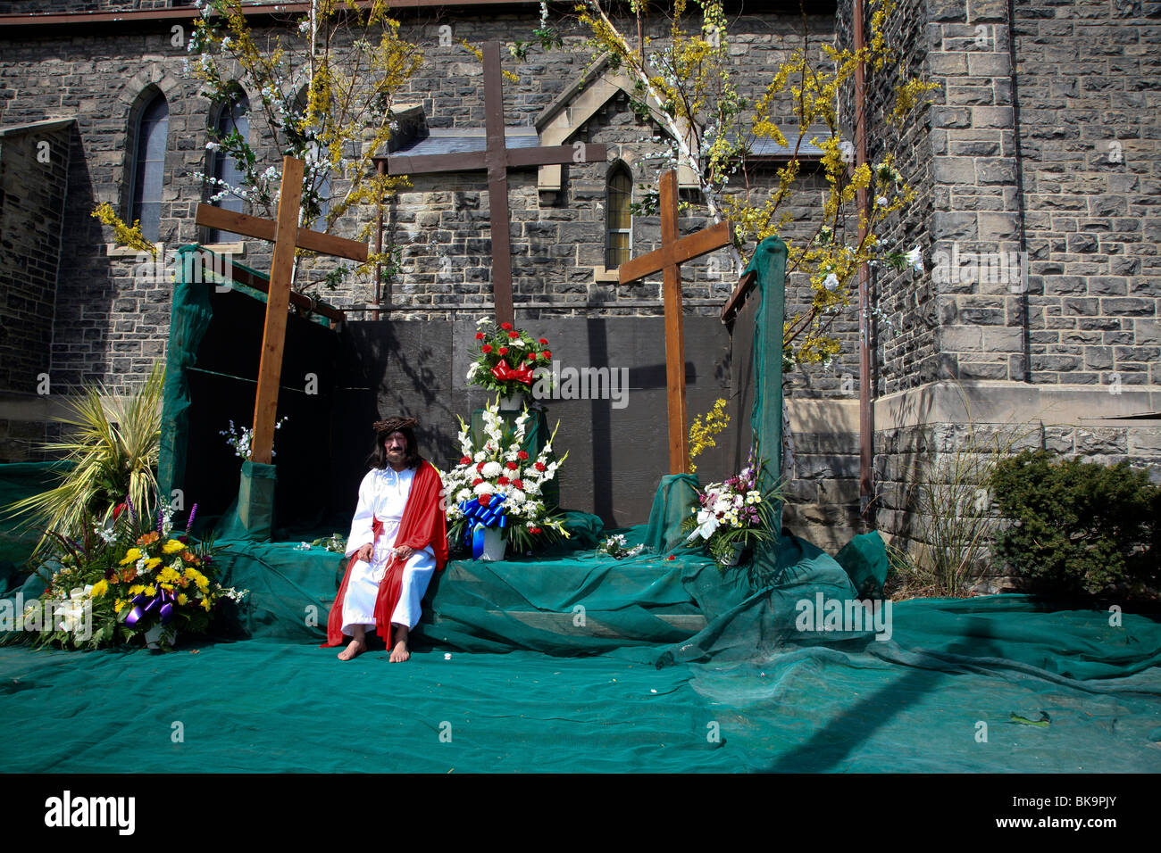 Jesus resting at Holy Easter or Good Friday Procession Parade,' Little Italy', Toronto,Ontario,Canada,North America Stock Photo