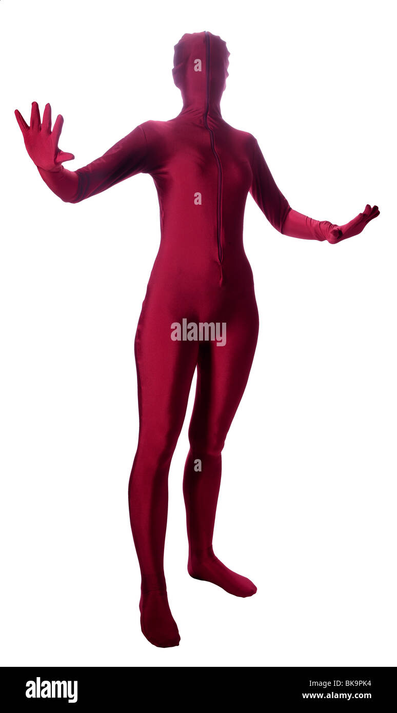 Woman in all over red bodysuit Stock Photo