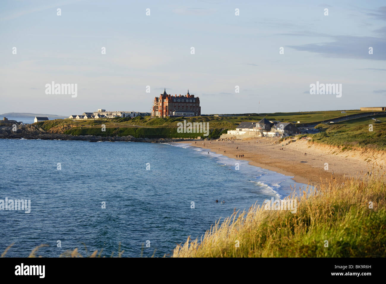 View over Fistral Beach to Headland Hotel, Newquay, Cornwall, England, United Kingdom Stock Photo