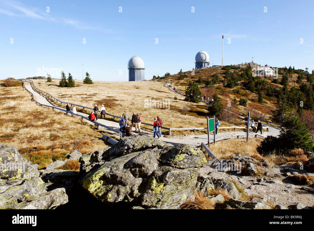 Summit loop hiking trail in front of the radar stations of the German Federal Armed Forces, Grosser Arber mountain, 1456 m Stock Photo