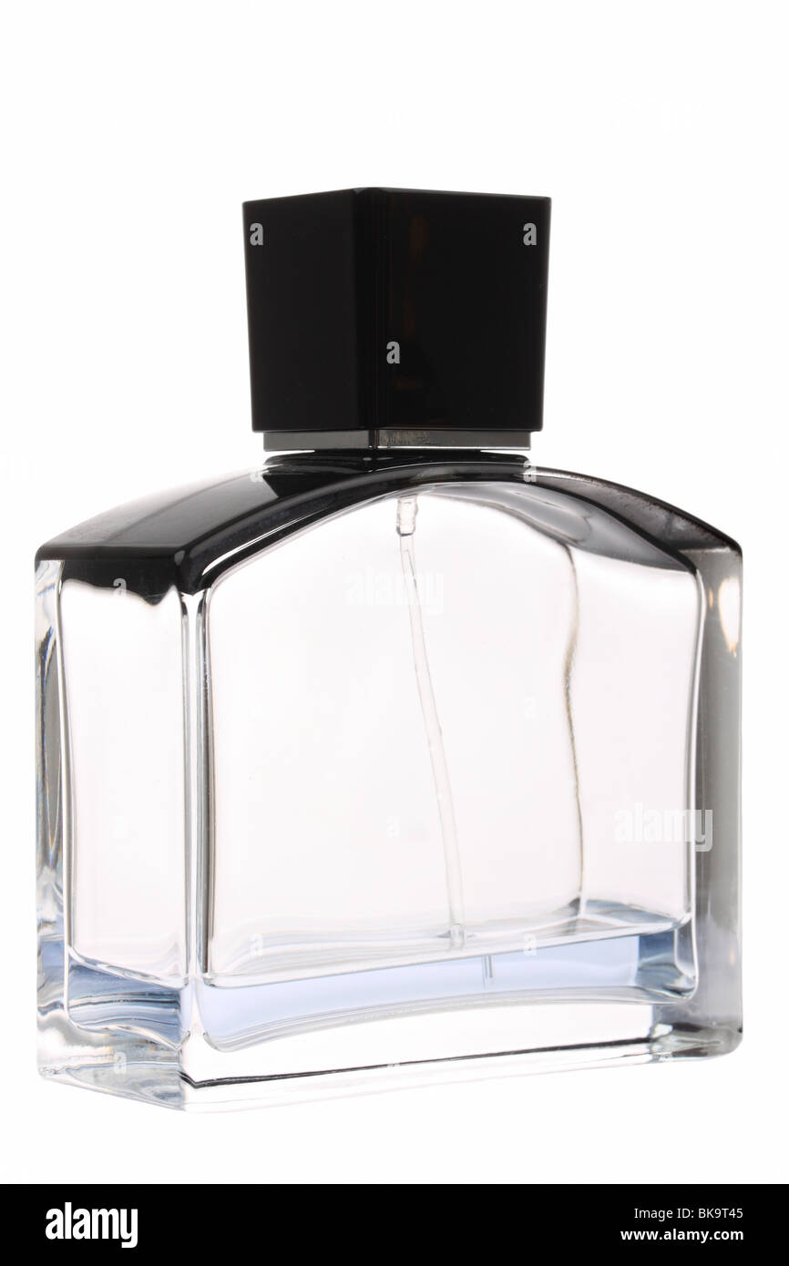 Blue rectangular perfume with black lid isolated on white Stock Photo