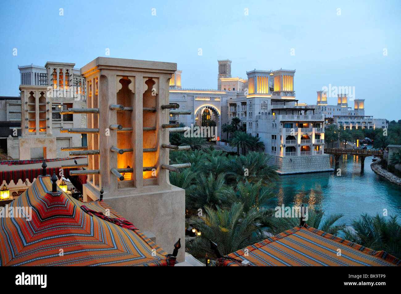 Reconstructed wind towers in the the last light of the day, Madinat Jumeirah Resort, Dubai, United Arab Emirates, Arabia, Middl Stock Photo