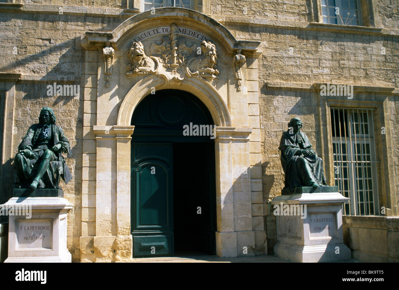 Montpellier France Languedoc-Roussillon Statues Of Paul Joseph Barthez And Francois Gigot De Lapeyronie Entrance Of University Stock Photo
