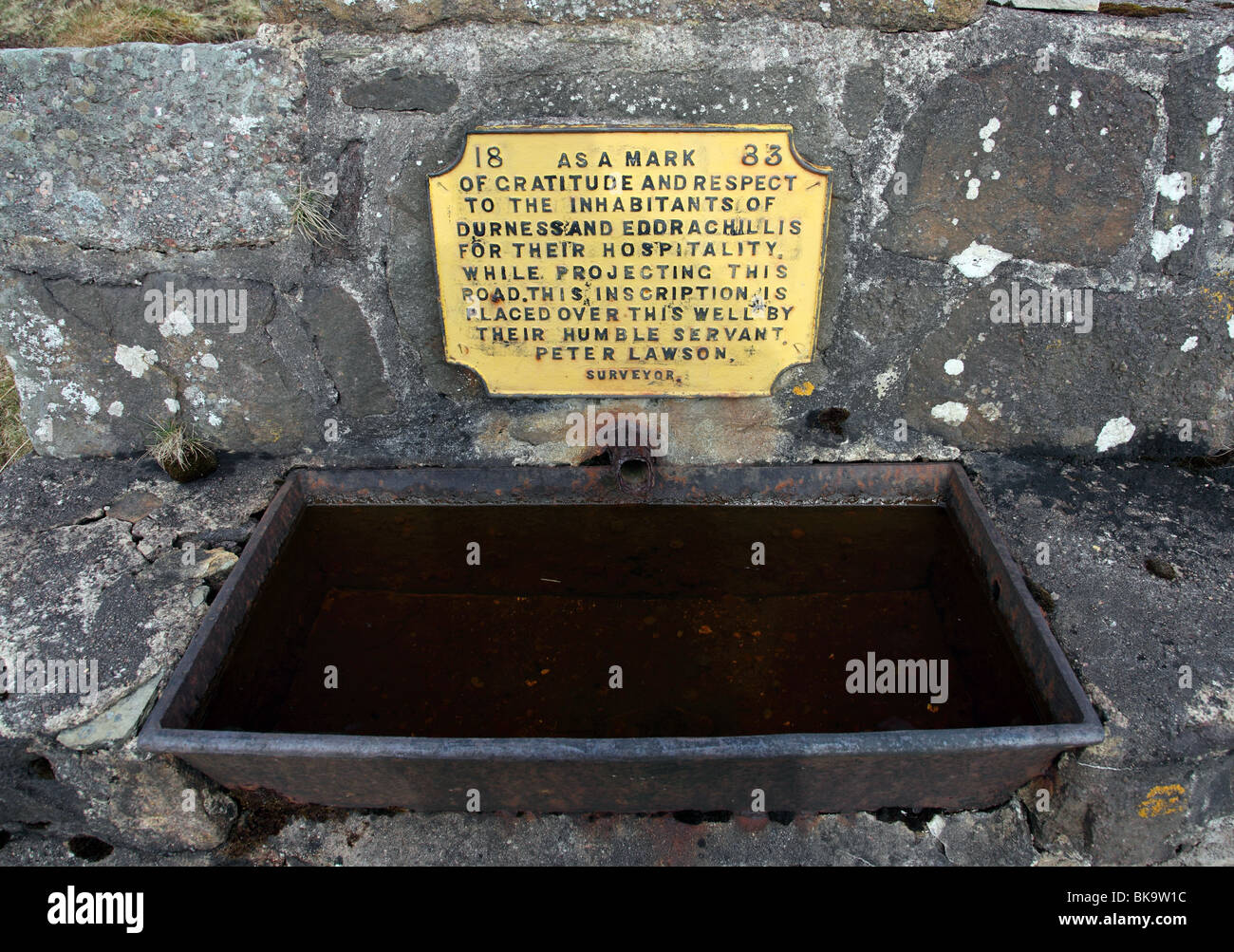 Inscription on Well Dedicated to the People of Durness and Edrachill by Surveyor Peter Lawson Durness Sutherland Scotland Stock Photo