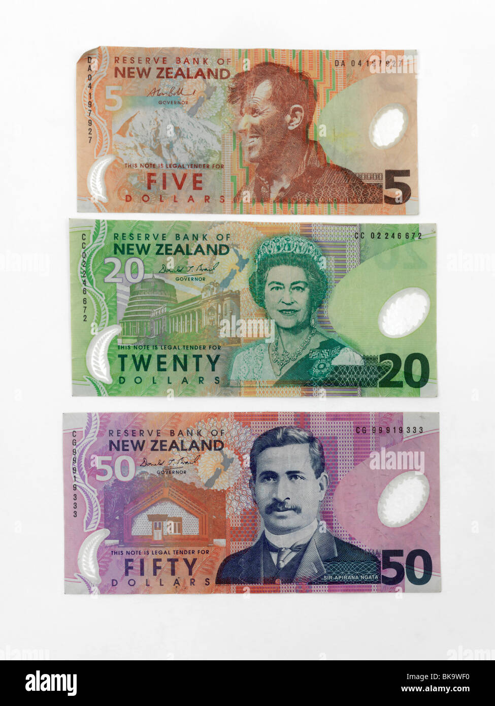 New Zealand Banknotes 5, 20 And 50 Dollars Stock Photo