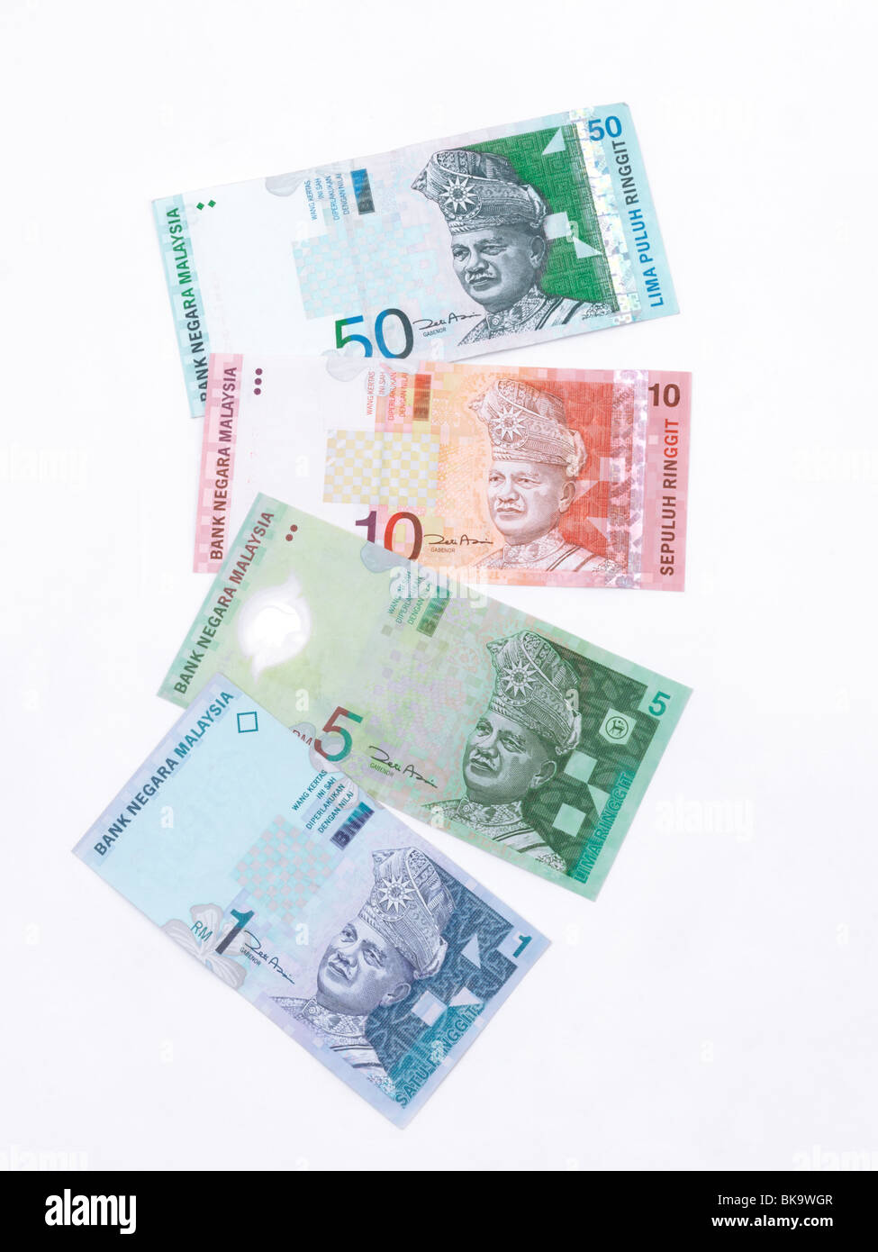 Malaysian Banknotes 50, 10, 5 and 1 Ringgit Stock Photo