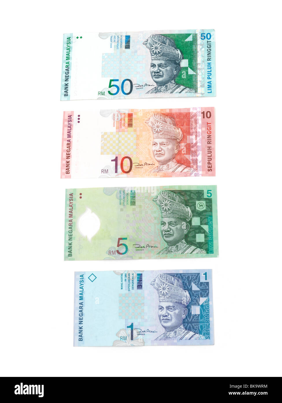 Malaysian Banknotes 1, 5 ,10 And 50 Ringgits All Showing The Obverse Side Showing Tuanku Abdul Rahman Stock Photo