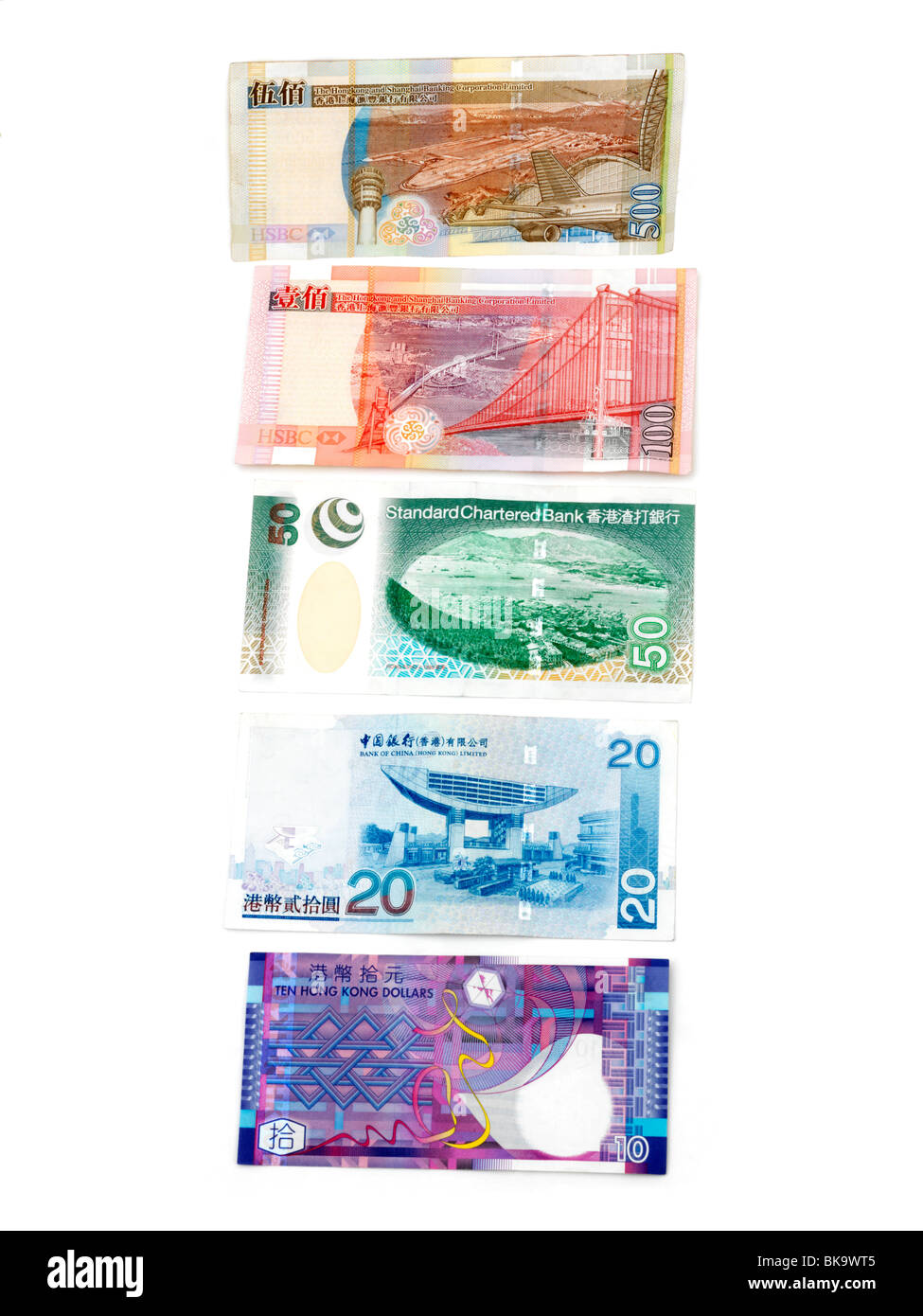 ng Kong Banknotes 10, 20, 50, 100, 500 Dollars Stock Photo