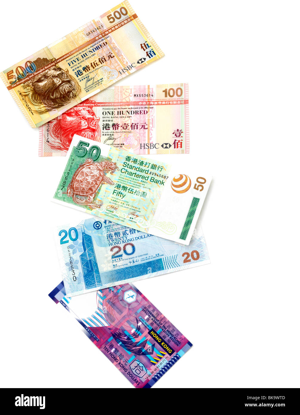 Hong Kong Banknotes 10, 20, 50, 100, 500 Dollars Stock Photo