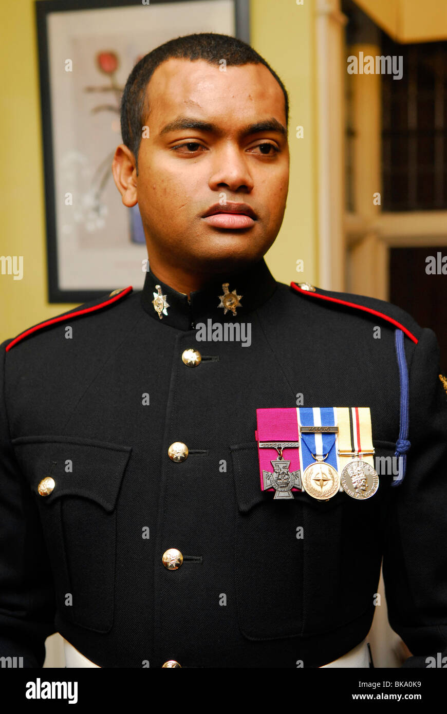 Lance Corporal Johnson Beharry wearing his medals. He is the first living recipient in 40 years to gain the VC (Victoria Cross). Stock Photo