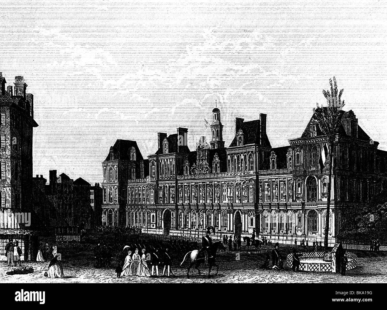 geography / travel, France, Paris, Hotel de Ville (city hall), steel engraving by W. S. Barnard, circa 1st half of 19th century, historic, historical, Western Europe, building, buildings, architecture, exterior view, people, Stock Photo