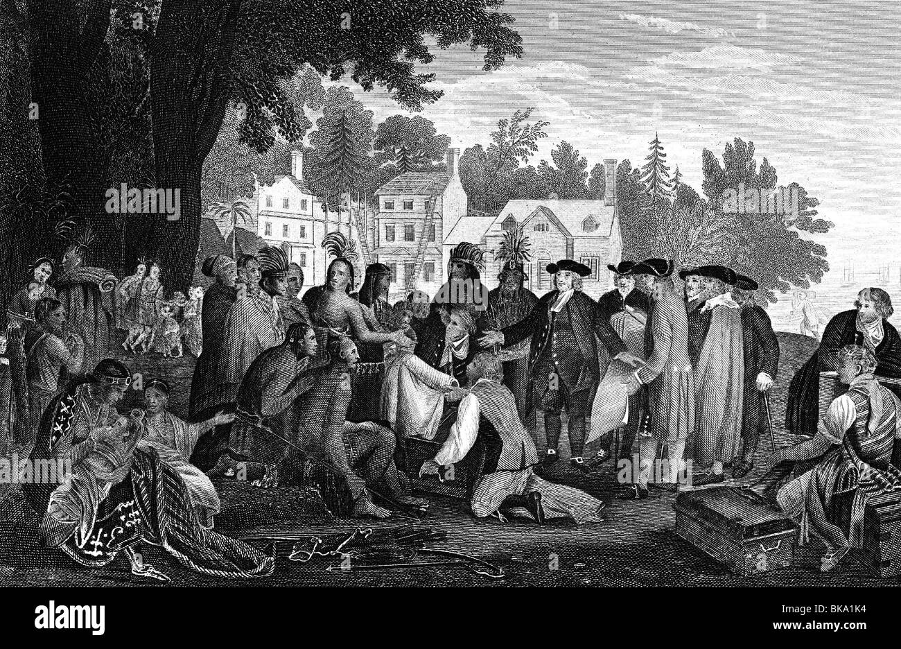 geography / travel, United States of America, American Indians, Treaty of William Penn with Indians, steel engraving after painting by Benjamin West, circa 18th century, historic, historical, North America, people, conclude a contract, Stock Photo
