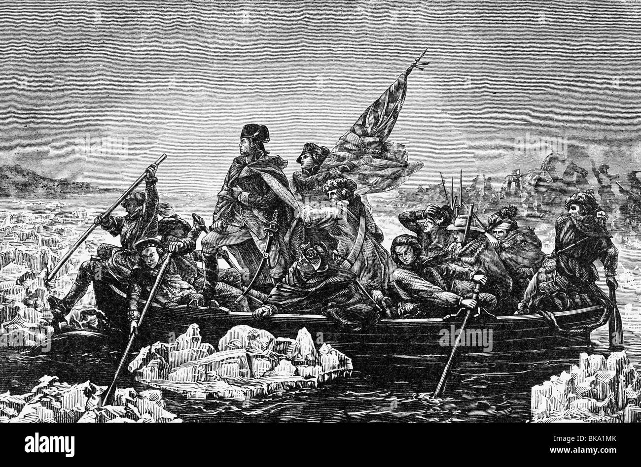 geography / travel, USA, War of Independence 1775 - 1783, Battle of Trenton, New Jersey, 26.12.1776, General George Washington crossing the Delaware, wood engraving after painting by Emanuel Leutze, 1851, American, river, ice, winter, boat, 18th century, historic, historical, male, man, men, people, Stock Photo