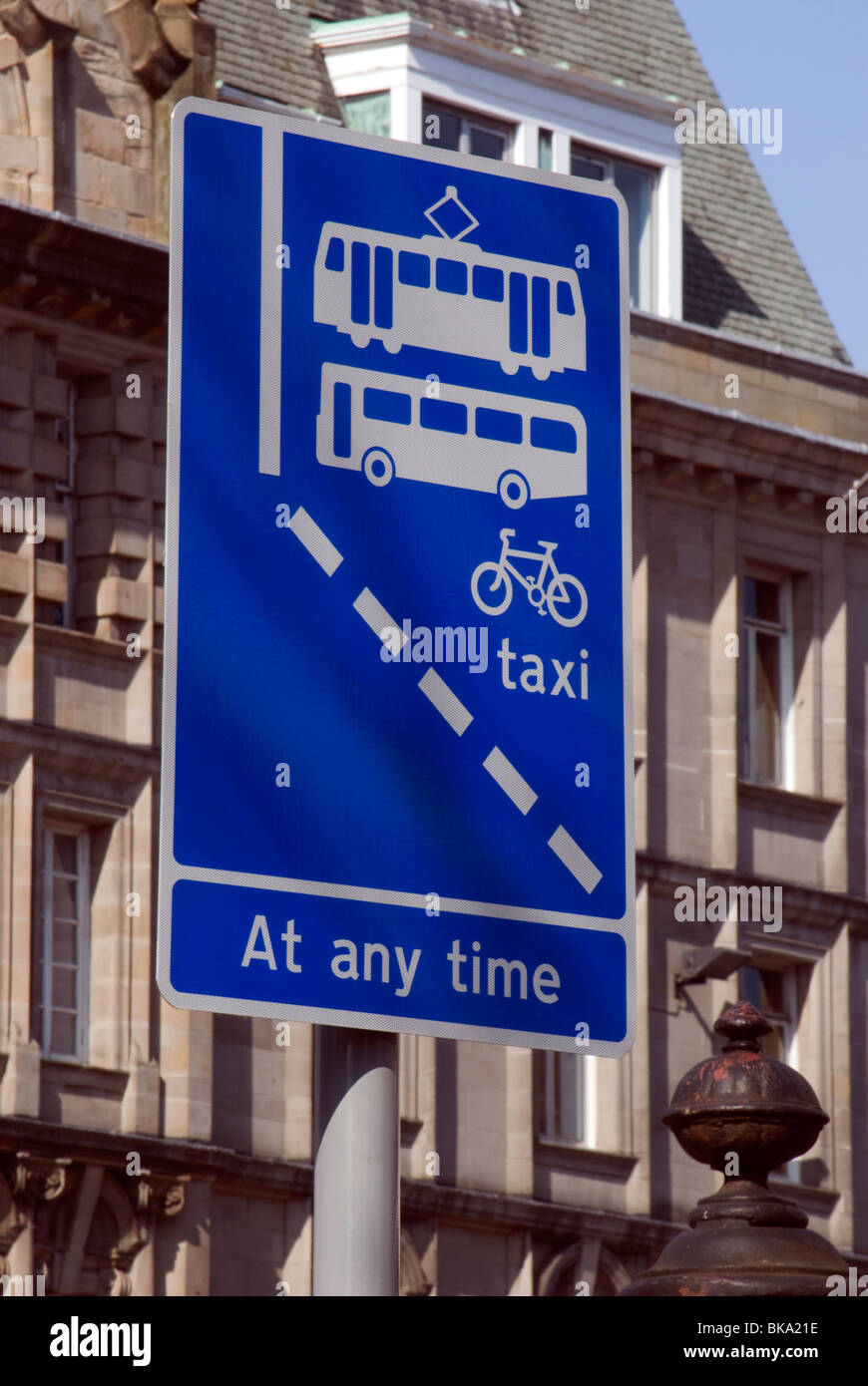 Sign banning all traffic except trams, busses and bicycles in Edinburgh, Scotland. Stock Photo