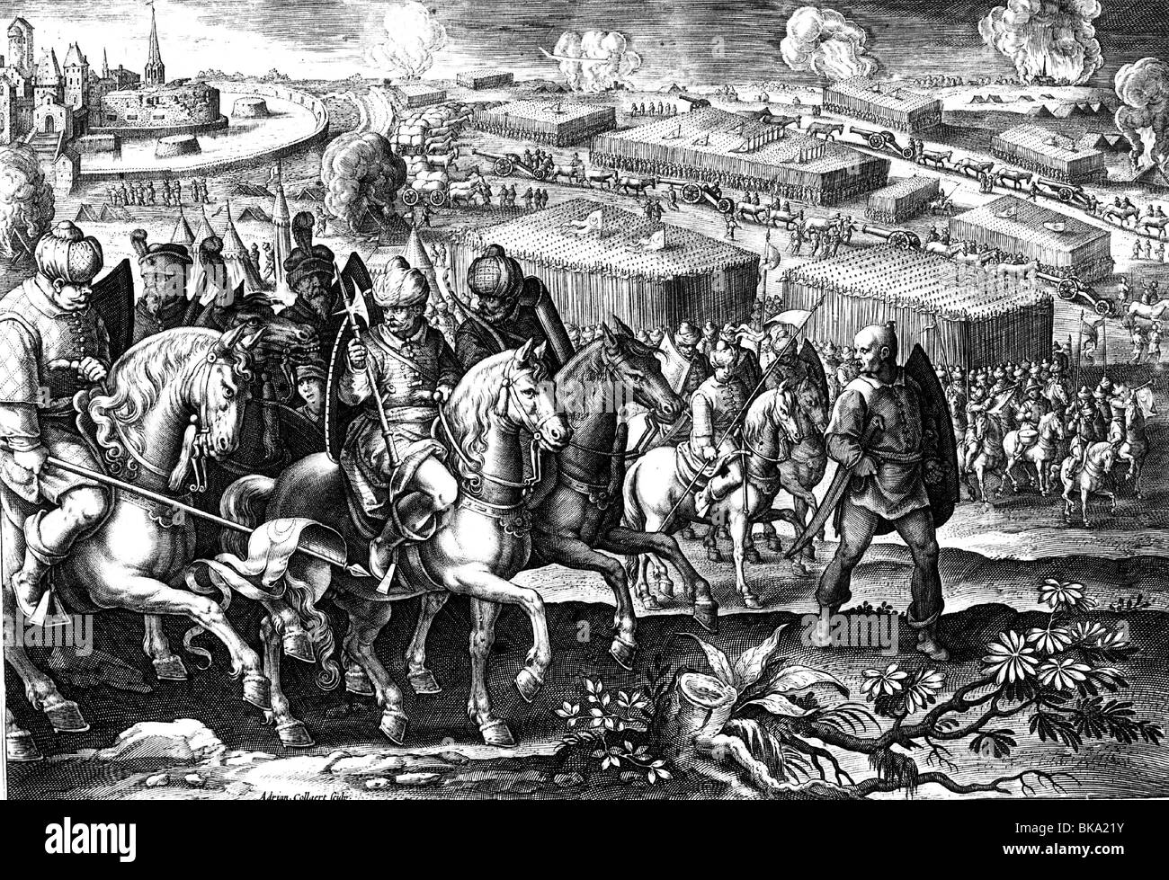 events, Ottoman Wars, Siege of Vienna 1529, retreat of the Ottoman army after several unsuccessful attempts to capture the city, copper engraving by A. Gollaert after drawing by Johannes Stradanus, 1589, Stock Photo