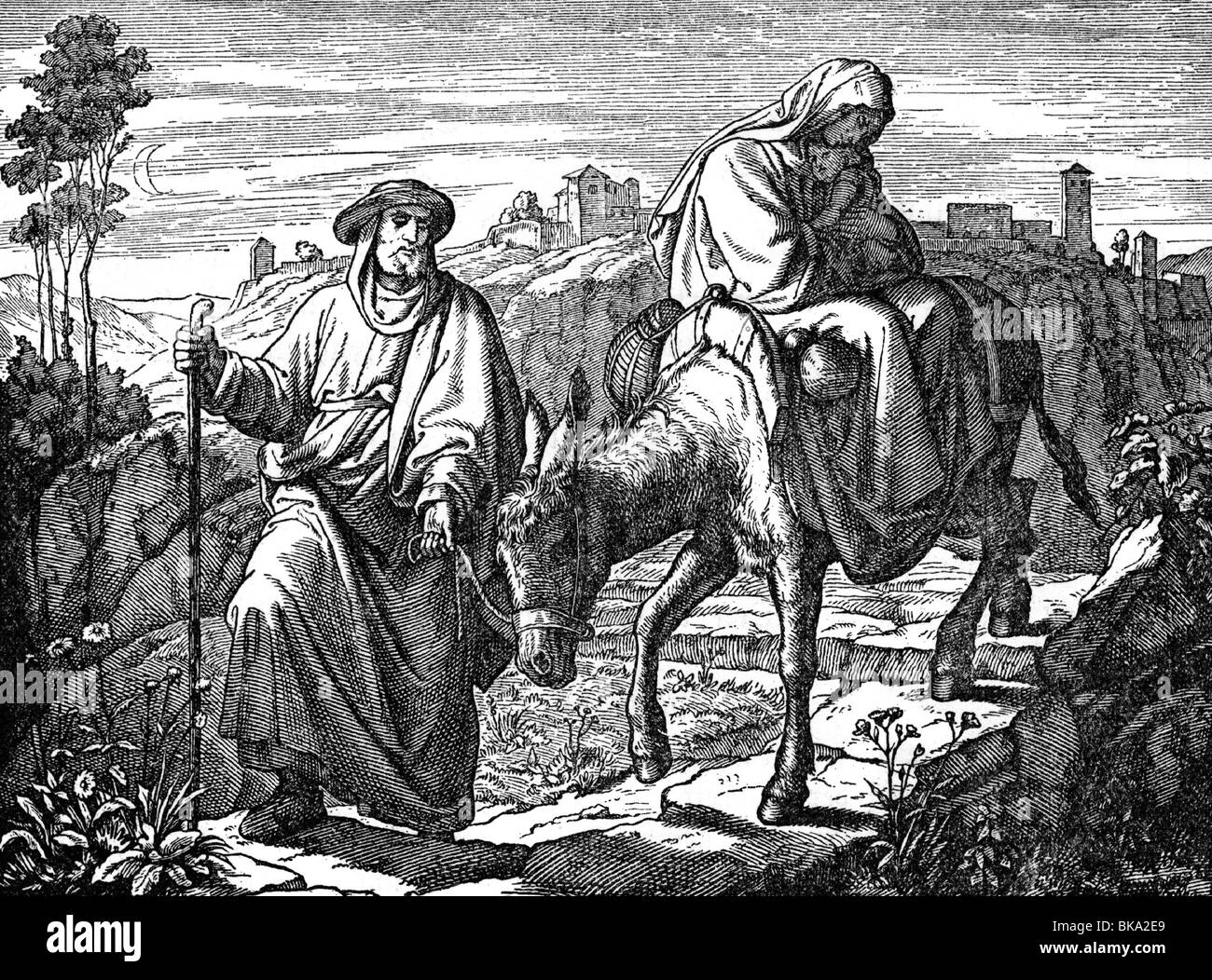 religion, Christianity, Mary and Joseph, 'Die Flucht nach Aeghypten' (Escape to Egypt), wood engraving, 19th century, Stock Photo