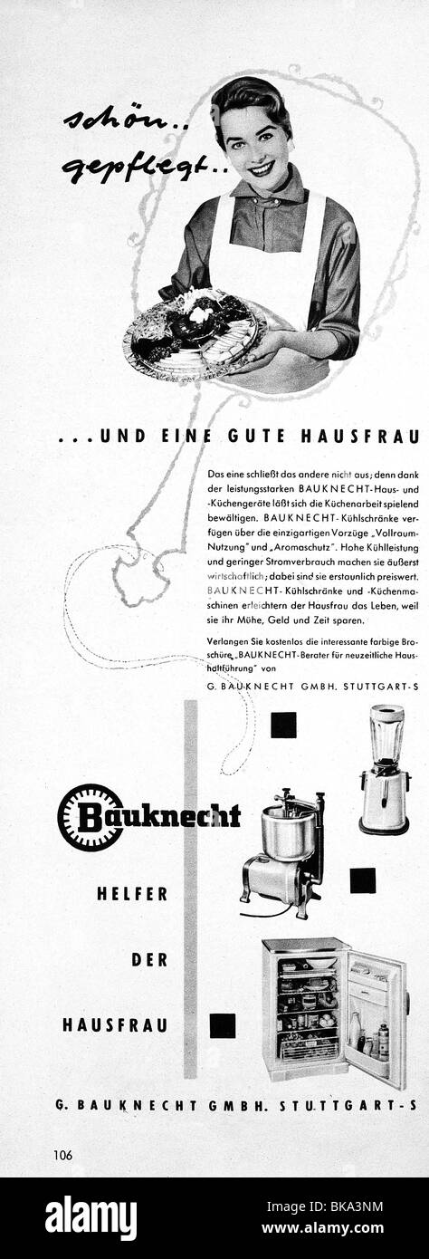 advertising, household, kitchenware, appliance 'Bauknecht', advertisement, 1957, Stock Photo
