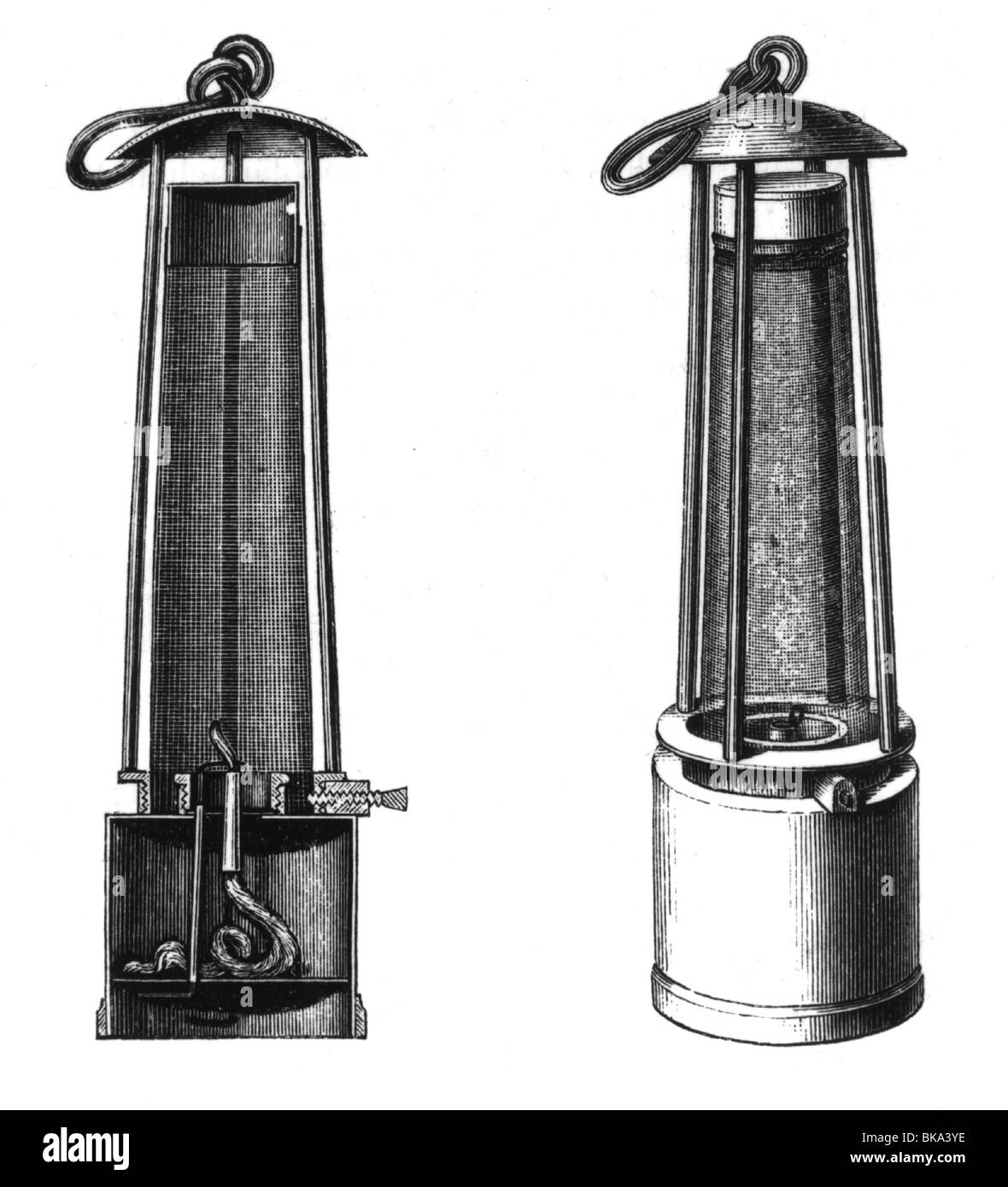 mining, equipment, safety lamp (Davy Lamp), developed by Humphry Davy, steel engraving, circa 1860, Stock Photo