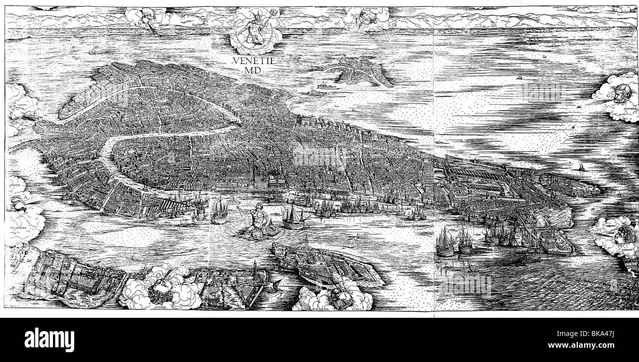 geography / travel, Italy, Venice, city view, aerial view from South East, woodcut by Jacopo de Barbari, 1500, Stock Photo