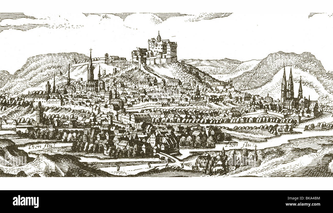 geography / travel, Germany, Marburg on the River Lahn, city view, copper engraving, 18th century, , Stock Photo