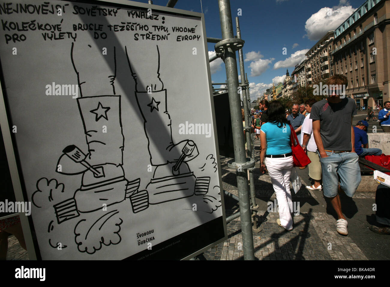 Open-air exhibition of political cartoon in Wenceslas Square in Prague, Czech Republic, on August 21, 2008. Stock Photo