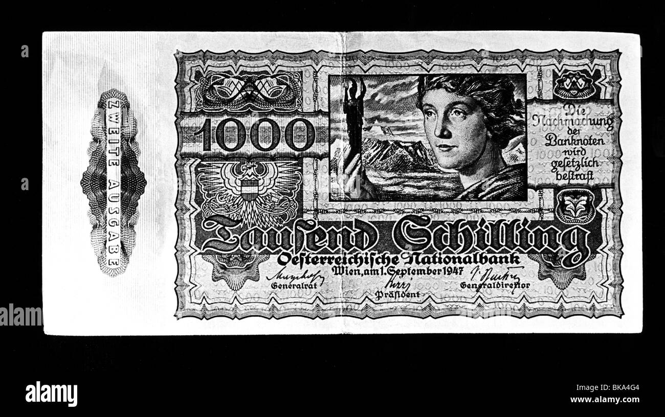money / finance, bank notes, Austria, 1000 Schilling, front, Austrian National Bank, 1947, Stock Photo