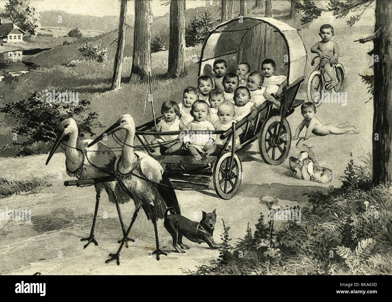 kitsch / souvenir, stork bringing children, drawing collage with photography, Germany, 1902, Stock Photo