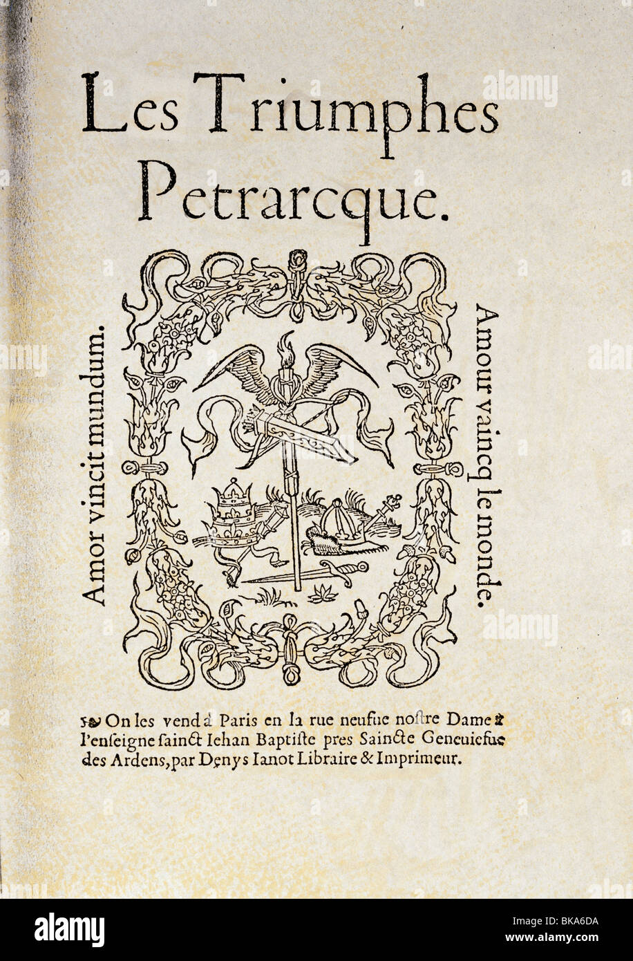 Petrarca, Francesco, 20.7.1304 - 19.7.1374, Italian humanist and author / writer, work, 'Triomph', cover, French edition, printed by Janot, Paris, 1539, Stock Photo