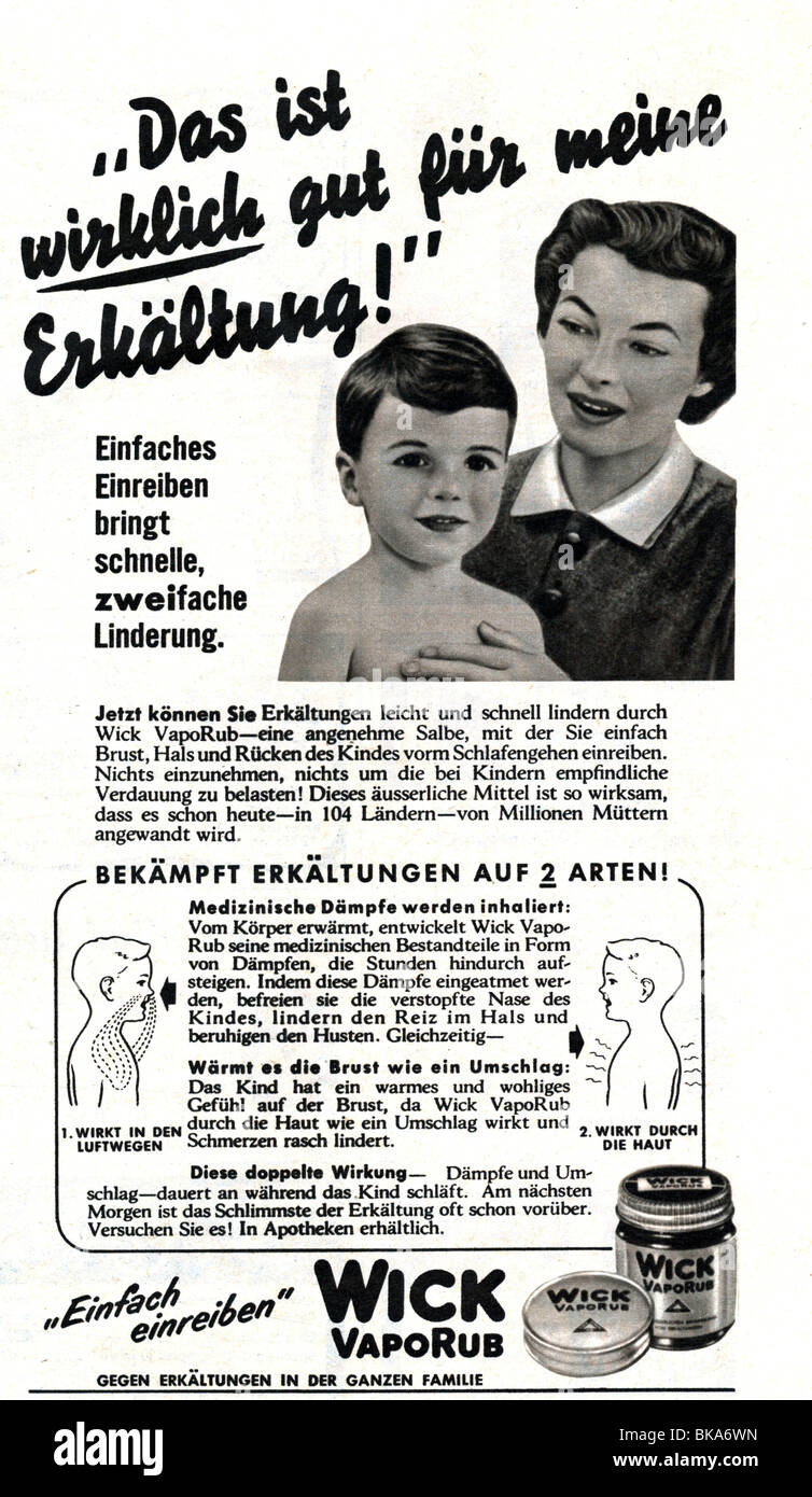 advertising, medicine, drugs, Wick Vaporub, advertisement in 'Der Stern' magazine, number 3, 1955, , Stock Photo
