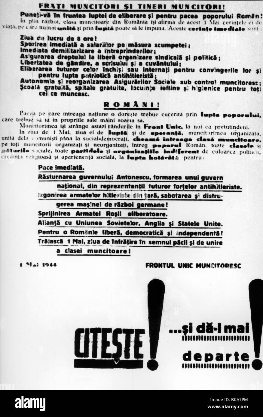 events, Second World War / WWII, Romania, resistance, manifesto of the 'United Worker`s Front', 1.5.1944, Stock Photo