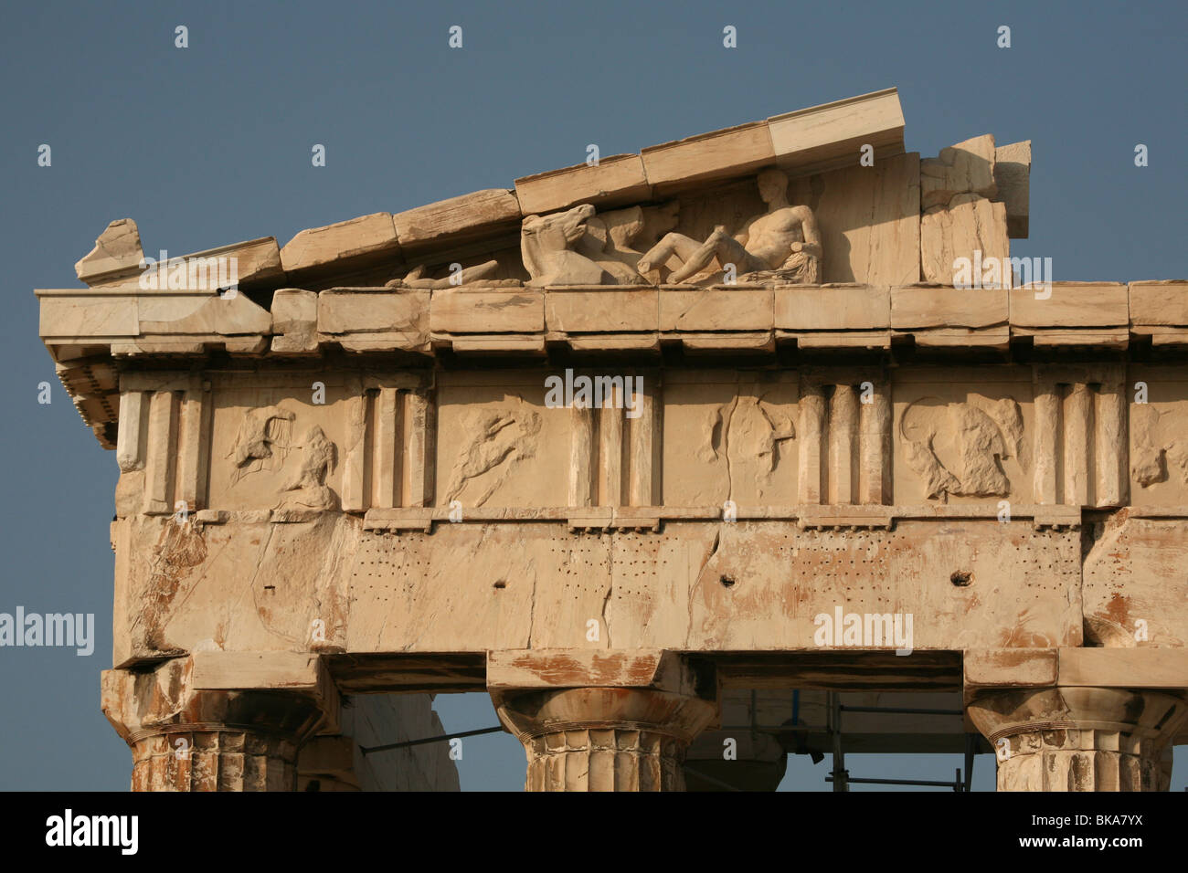 Detail of the East pediment of the Parthenon in the Acropolis of Athens in Greece. Stock Photo