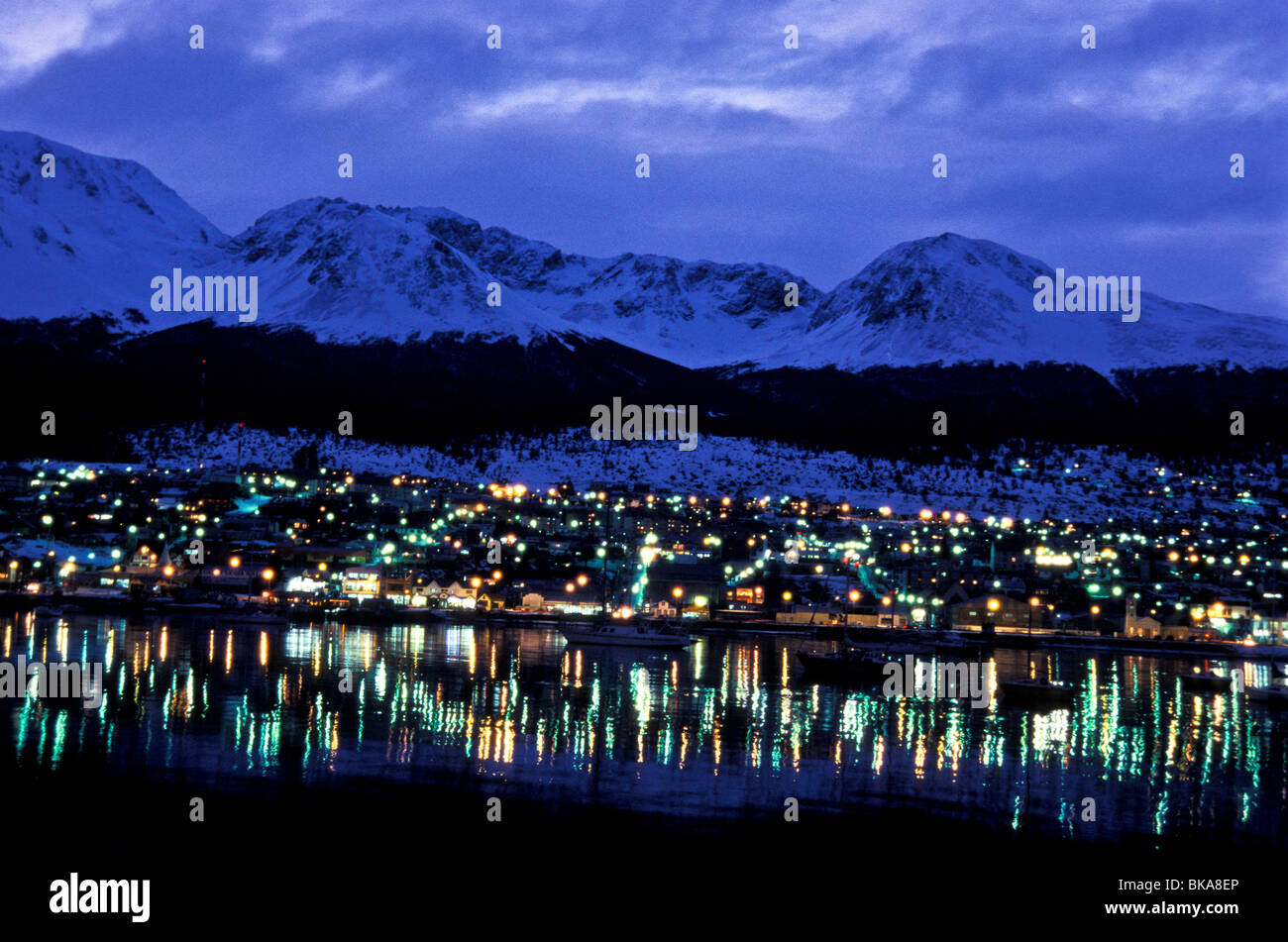 The city of Ushuaia (Pop: approx. 40.000) capital of Argentina’s southernmost province, Tierra del Fuego. Stock Photo